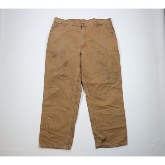 Vtg Carhartt Mens 42x32 Distressed Spell Out Wide Leg Canvas Pants Duck Brown